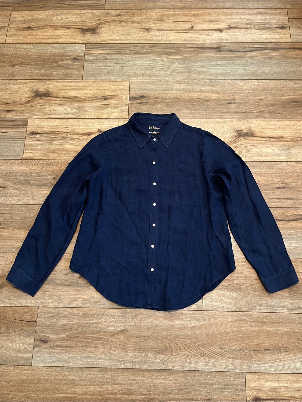 Lilly Pulitzer 100% Linen Button Front Shirt Women’s Large Navy Blue Long Sleeve